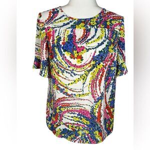 Talbots Petite Yellow & Pink Multi Swirl Print Short Sleeve Ruffle Sleeve Blouse